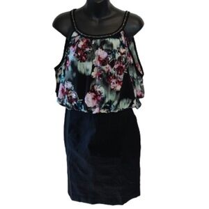 Nicole by Nicole Miller black abstract floral cold shoulder midi dress size 12